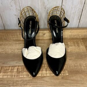 NWT-AUTHENTIC Sergio Rossi Black Patent Leather Gold Cage Heels, 38 (8/8.5)